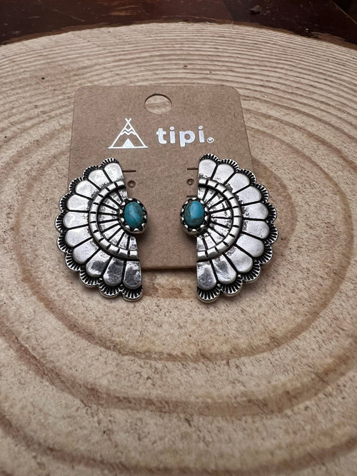 Western Fan Shape Concho and Faux Turquoise Stud Earrings - Cowhide and Conchos