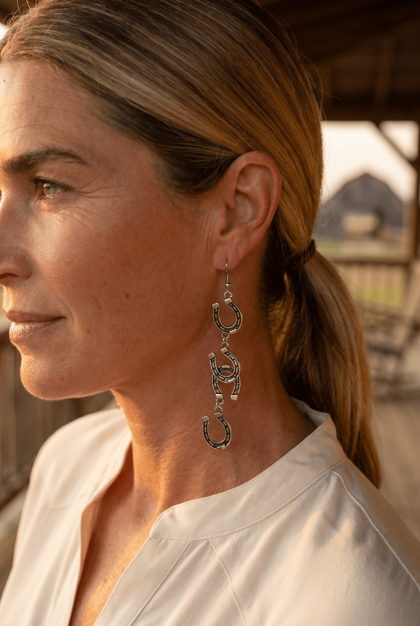 Western Fashion Horseshoe Dangle Earrings — Bold 3½" Statement Drop - Cowhide and Conchos