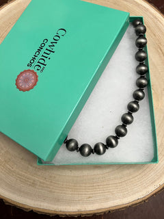 Western Faux 12mm Sterling Pearl with Saucers Necklace - 18 Inch - Cowhide and Conchos