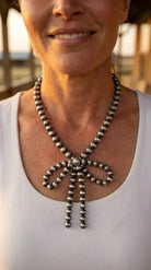 Western Faux Bow Pearl Necklace — 10mm Faux Sterling Pearls (16 Inch) - Cowhide and Conchos