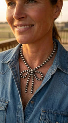 Western Faux Bow Pearl Necklace — 10mm Faux Sterling Pearls (16 Inch) - Cowhide and Conchos