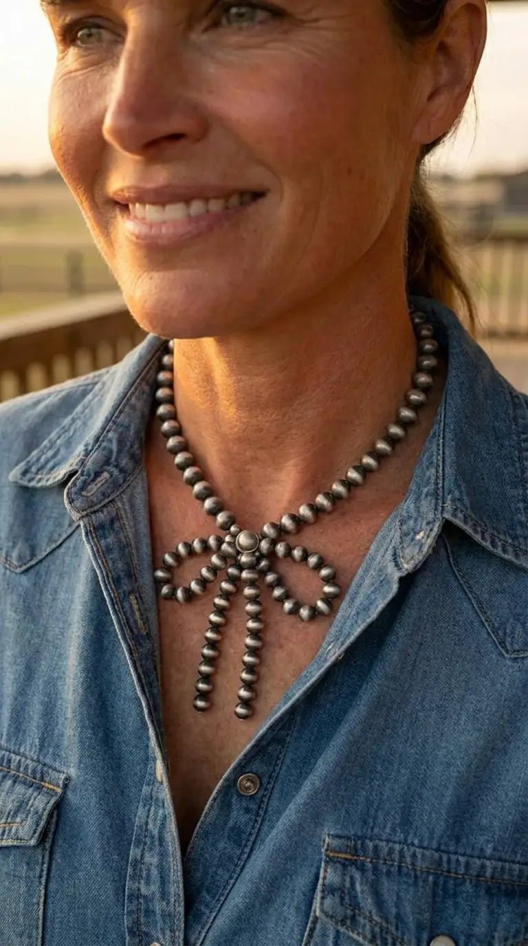 Western Faux Bow Pearl Necklace — 10mm Faux Sterling Pearls (16 Inch) - Cowhide and Conchos