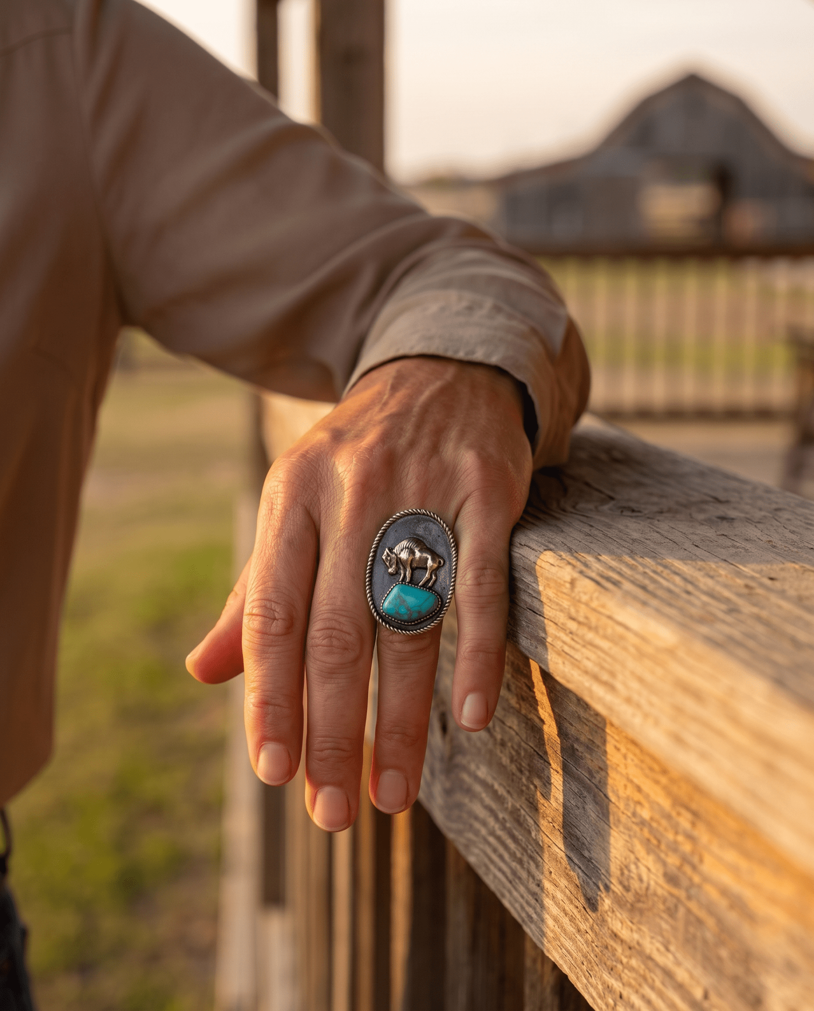 Western Faux Buffalo Coin & Faux Turquoise Nugget Adjustable Ring — Wild West Hand Statement - Cowhide and Conchos
