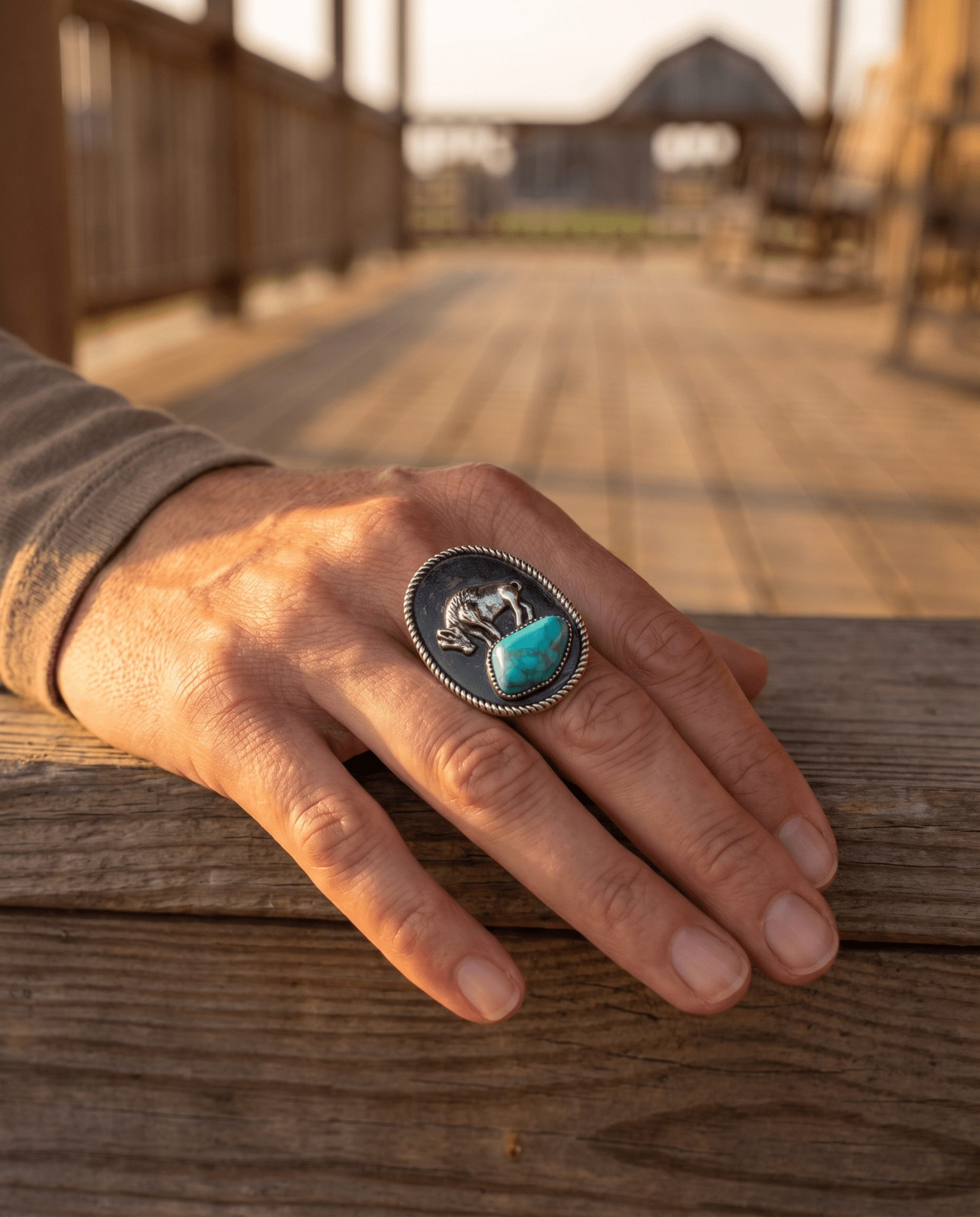 Western Faux Buffalo Coin & Faux Turquoise Nugget Adjustable Ring — Wild West Hand Statement - Cowhide and Conchos