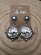 Western Faux Buffalo Coin Stud Earrings - Cowhide and Conchos
