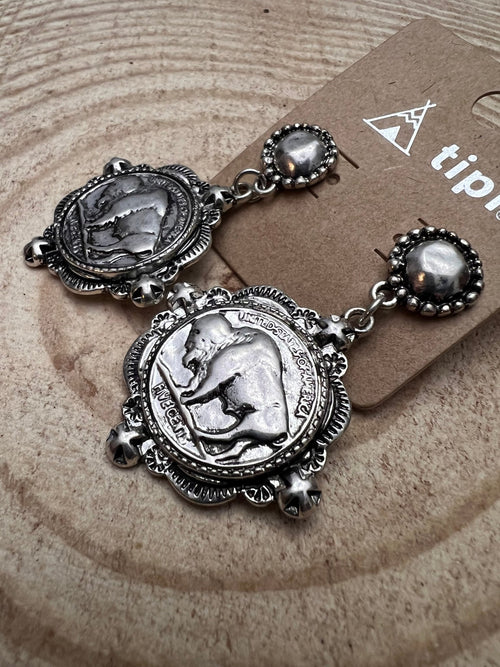 Western Faux Buffalo Coin Stud Earrings - Cowhide and Conchos