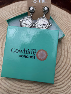 Western Faux Buffalo Coin Stud Earrings - Cowhide and Conchos