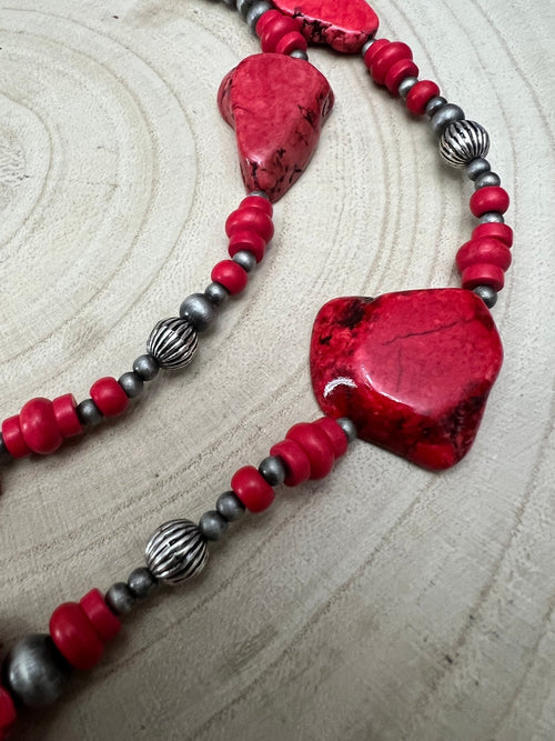 Western Faux Pearl Statement Necklace with Red Stone - 32 inch - Cowhide and Conchos