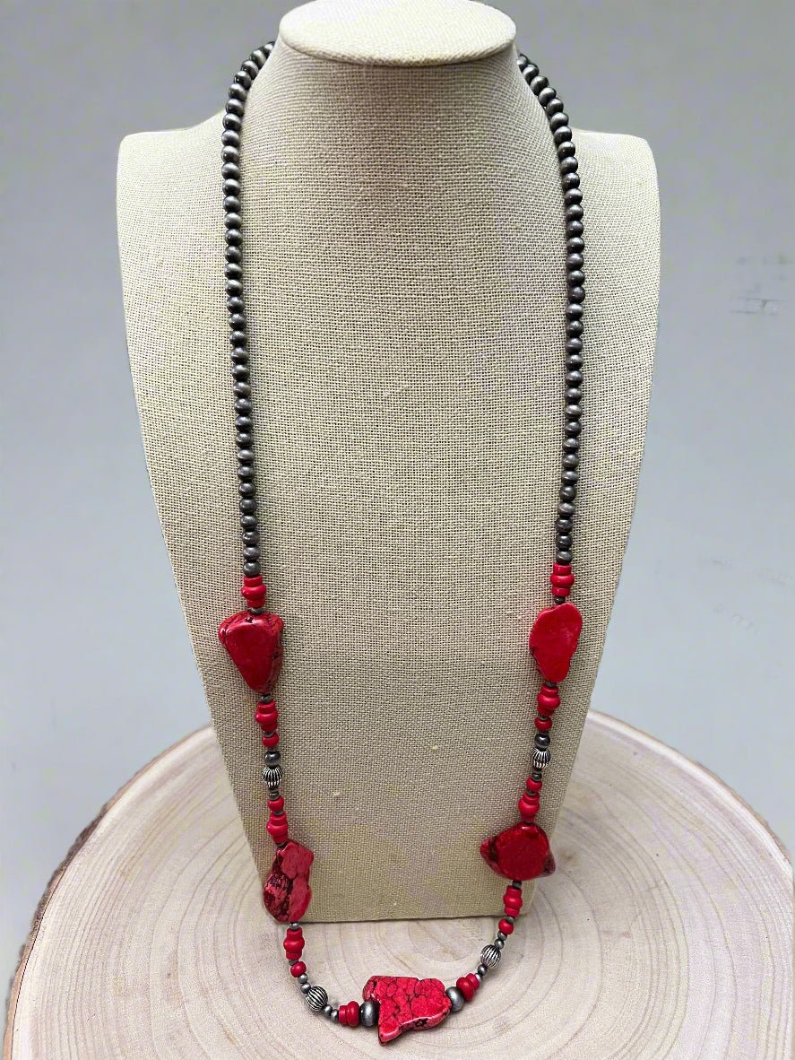 Western Faux Pearl Statement Necklace with Red Stone - 32 inch - Cowhide and Conchos
