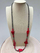 Western Faux Pearl Statement Necklace with Red Stone - 32 inch - Cowhide and Conchos