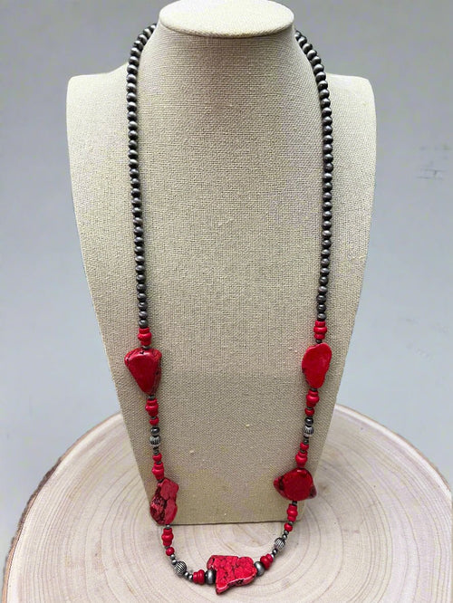 Western Faux Pearl Statement Necklace with Red Stone - 32 inch - Cowhide and Conchos
