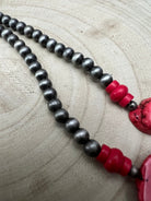 Western Faux Pearl Statement Necklace with Red Stone - 32 inch - Cowhide and Conchos