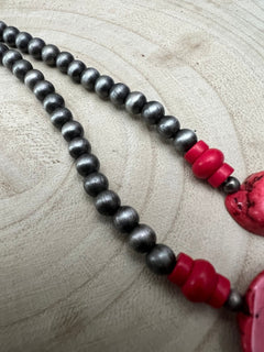 Western Faux Pearl Statement Necklace with Red Stone - 32 inch - Cowhide and Conchos
