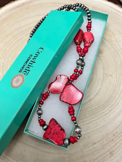 Western Faux Pearl Statement Necklace with Red Stone - 32 inch - Cowhide and Conchos