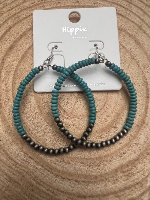 Western Faux Pearls and Faux Turquoise Hoop Earrings - 2 1/2 inch drop - Cowhide and Conchos