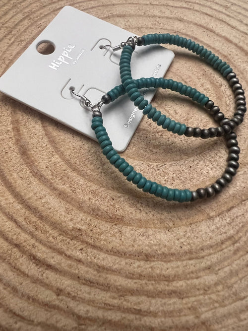 Western Faux Pearls and Faux Turquoise Hoop Earrings - 2 1/2 inch drop - Cowhide and Conchos