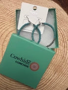 Western Faux Pearls and Faux Turquoise Hoop Earrings - 2 1/2 inch drop - Cowhide and Conchos