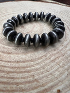 Western Faux Saucer Pearl Stretch Bracelet with Black Stone - 6 1/2 inch - Cowhide and Conchos