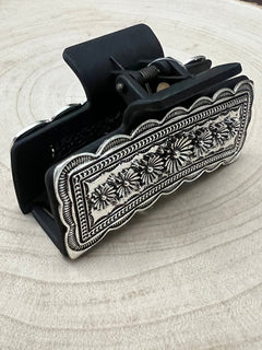 Western Faux Silver Claw Clip - Cowhide and Conchos