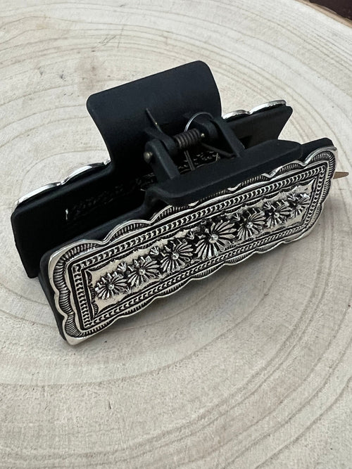 Western Faux Silver Claw Clip - Cowhide and Conchos