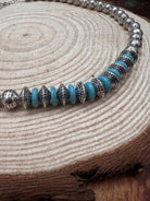Western Faux Stamped Sterling Pearls, Saucers and Turquoise - 24 inch + 3 - Cowhide and Conchos