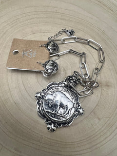 Western Faux Statement size Buffalo Coin Necklace & Earring Set - 18 inch + 3 - Cowhide and Conchos