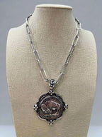 Western Faux Statement size Buffalo Coin Necklace & Earring Set - 18 inch + 3 - Cowhide and Conchos