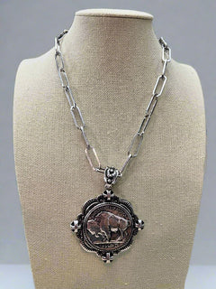 Western Faux Statement size Buffalo Coin Necklace & Earring Set - 18 inch + 3 - Cowhide and Conchos