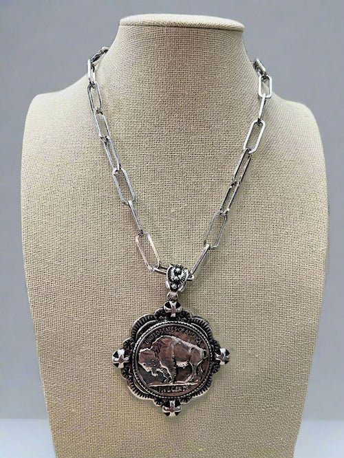 Western Faux Statement size Buffalo Coin Necklace & Earring Set - 18 inch + 3 - Cowhide and Conchos
