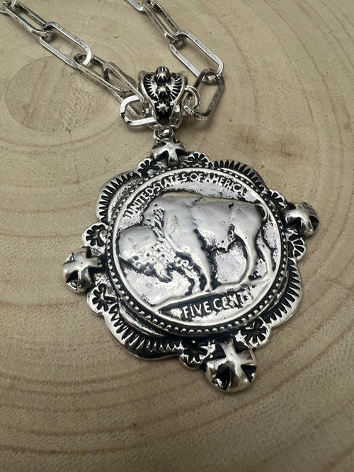 Western Faux Statement size Buffalo Coin Necklace & Earring Set - 18 inch + 3 - Cowhide and Conchos