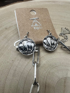 Western Faux Statement size Buffalo Coin Necklace & Earring Set - 18 inch + 3 - Cowhide and Conchos