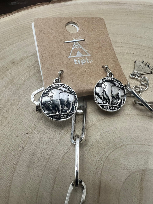 Western Faux Statement size Buffalo Coin Necklace & Earring Set - 18 inch + 3 - Cowhide and Conchos