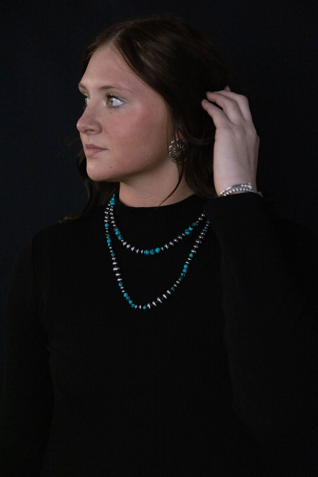Western Faux Sterling Pearl and Faux Turquoise Necklace - 18 and 22 inch set - Cowhide and Conchos