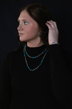 Western Faux Sterling Pearl and Faux Turquoise Necklace - 18 and 22 inch set - Cowhide and Conchos