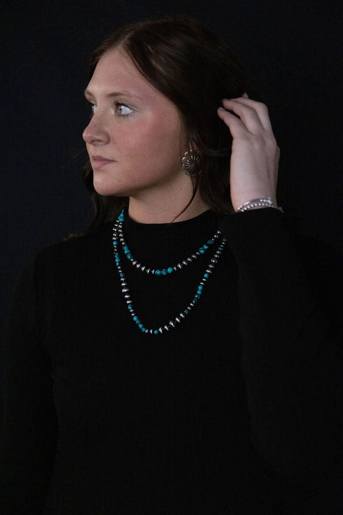 Western Faux Sterling Pearl and Faux Turquoise Necklace - 18 and 22 inch set - Cowhide and Conchos