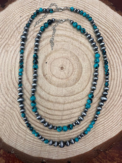 Western Faux Sterling Pearl and Faux Turquoise Necklace - 18 and 22 inch set - Cowhide and Conchos