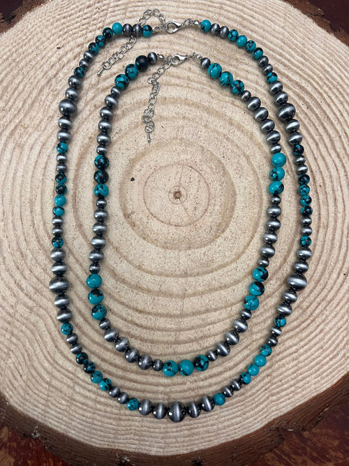 Western Faux Sterling Pearl and Faux Turquoise Necklace - 18 and 22 inch set - Cowhide and Conchos