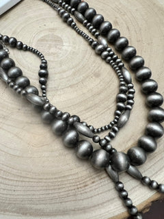 Western Faux Sterling Pearl Necklace Set - 18, 22 and 26 inch set - Cowhide and Conchos