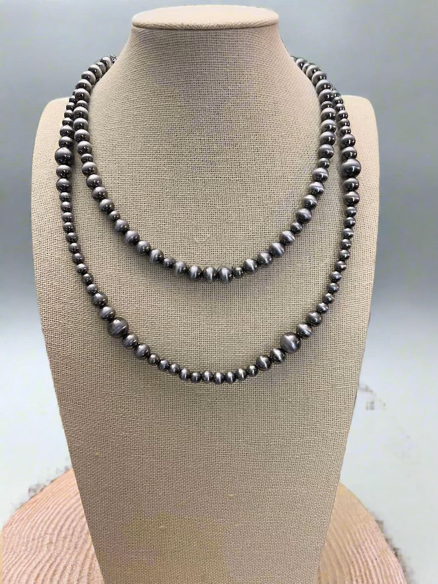 Western Faux Sterling Pearl Necklace Set — 18" & 22" Graduated Bead Duo (5/6/8mm) - Cowhide and Conchos