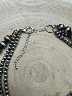 Western Faux Sterling Pearl Necklace Set - Layered 3 strand set - Cowhide and Conchos