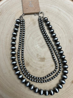 Western Faux Sterling Pearl Necklace Set - Layered 3 strand set - Cowhide and Conchos