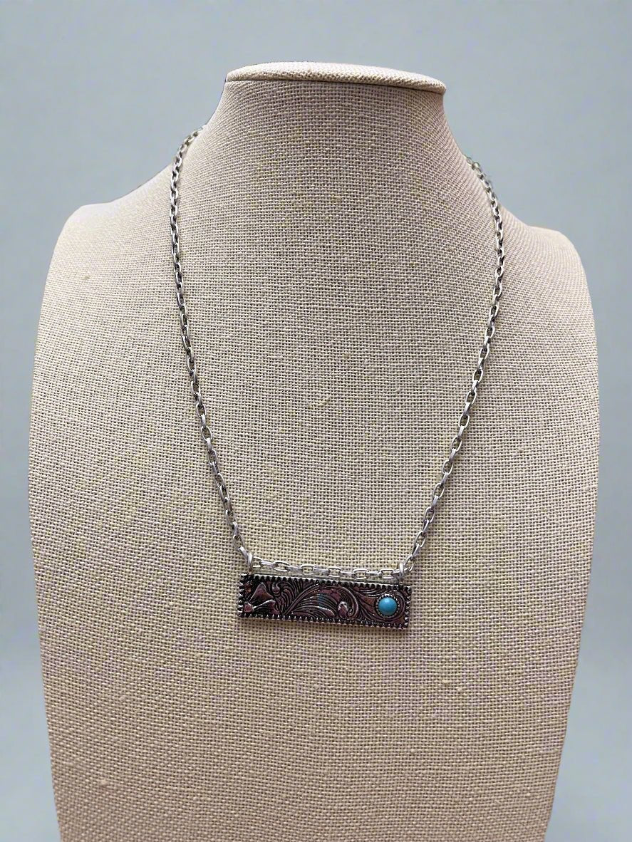 Western Faux Tooled Bar Necklace with Faux Turquoise - 18 inch + 3 - Cowhide and Conchos