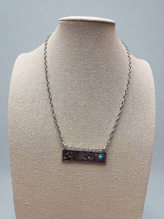 Western Faux Tooled Bar Necklace with Faux Turquoise - 18 inch + 3 - Cowhide and Conchos