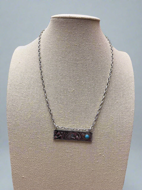 Western Faux Tooled Bar Necklace with Faux Turquoise - 18 inch + 3 - Cowhide and Conchos