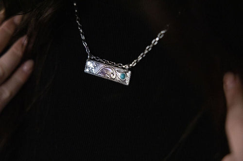 Western Faux Tooled Bar Necklace with Faux Turquoise - 18 inch + 3 - Cowhide and Conchos