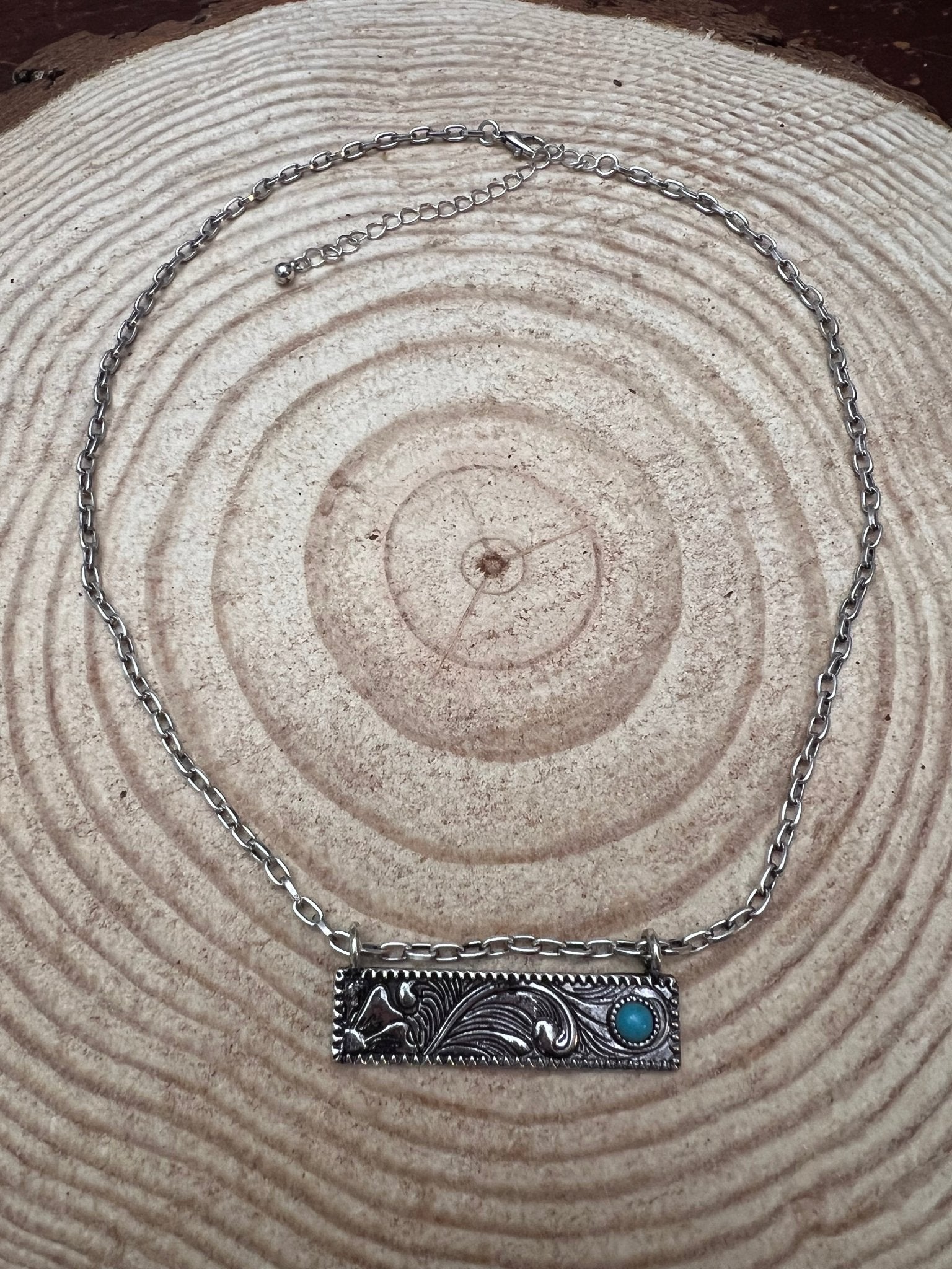 Western Faux Tooled Bar Necklace with Faux Turquoise - 18 inch + 3 - Cowhide and Conchos