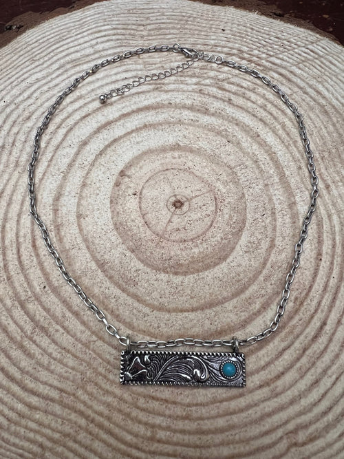 Western Faux Tooled Bar Necklace with Faux Turquoise - 18 inch + 3 - Cowhide and Conchos