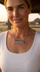 Western Faux Tooled Bar Necklace with Faux Turquoise — 18 Inch with Extender - Cowhide and Conchos