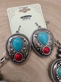 Western Faux Turquoise and Coral Statement Squash Blossom Set - 24 inch - Cowhide and Conchos