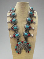 Western Faux Turquoise and Coral Statement Squash Blossom Set - 24 inch - Cowhide and Conchos